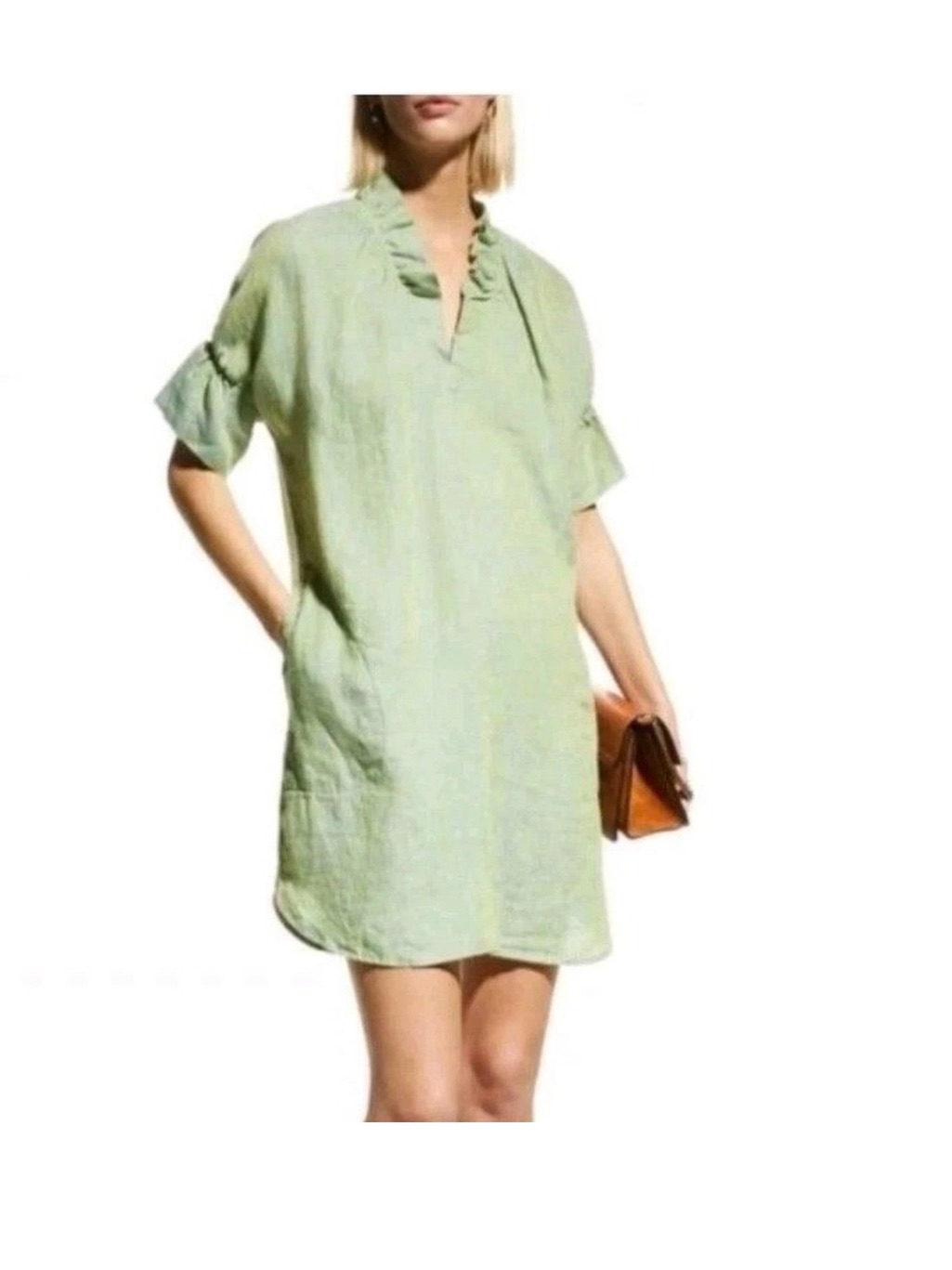 Finley 100% Linen Sage Green Ruffle Neck Shift Dress Size S